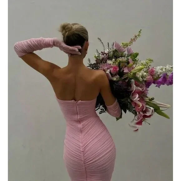 house of cb pink ruched dress Clothing : Bodycon Dresses : 'Ella' Pink Floral Ruched Organza Mesh Mini  Dress